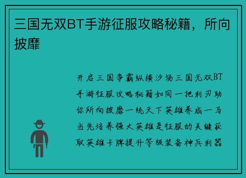 三国无双BT手游征服攻略秘籍，所向披靡