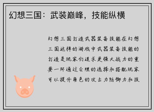 幻想三国：武装巅峰，技能纵横